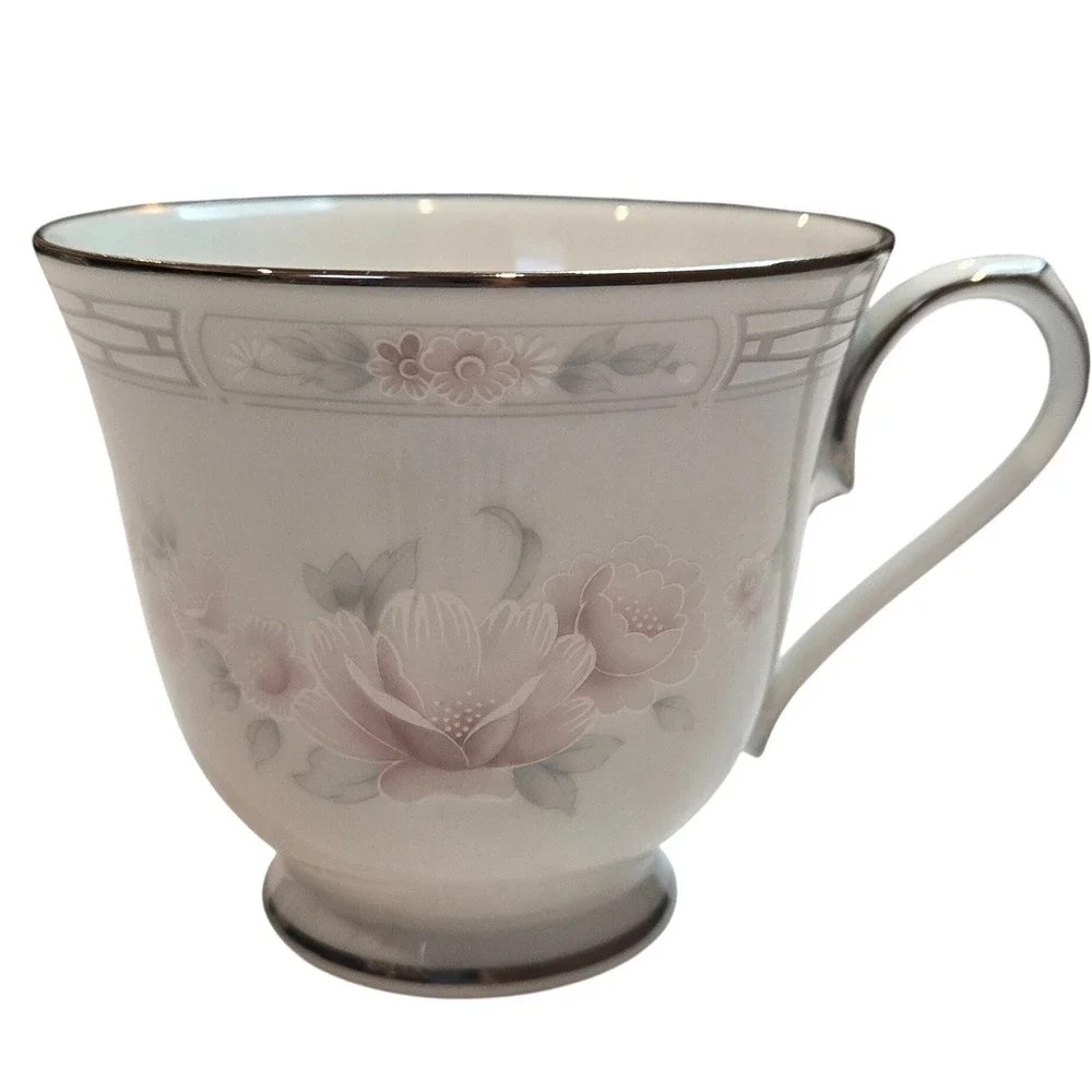 Noritake Carthage 3330 Tea Cup and Saucer Set Floral Platinum Trim Bone China